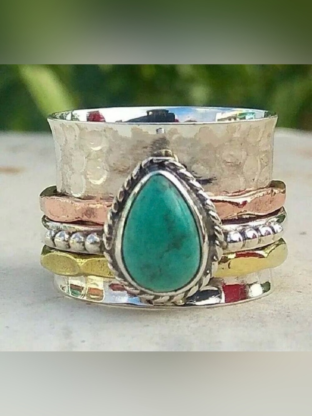 Boutique | Turquoise Teardrop Chunky Ring - Silver & Mixed Metal